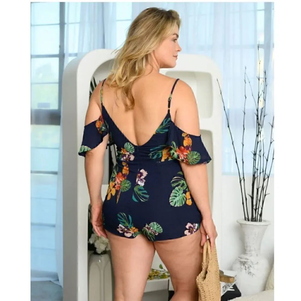 49. Navy Blue PLUS SIZE RUFFLE COLD SHOULDER FLORAL V-NECK ROMPER - Picture 3 of 3